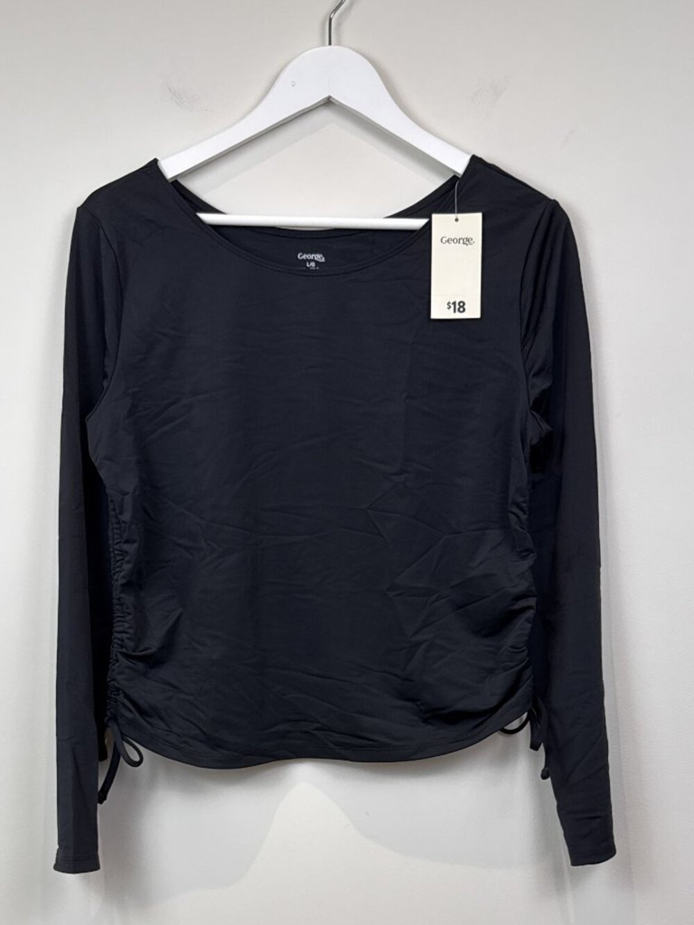 George Black Long Sleeve Ruched Side Tie Rash Guard Swim Top Womens Size L NWT